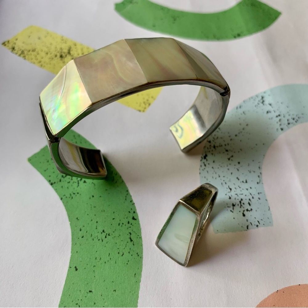Mother of Pearl Inlay Cuff Bracelet Silver Statement Ring Set - Picture 3 of 12